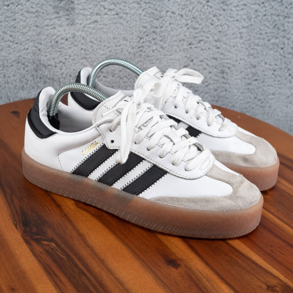 Adidas Samba Sz 8.5 Leather Lace-Up Sneakers White/Black Gum, Style JI1349